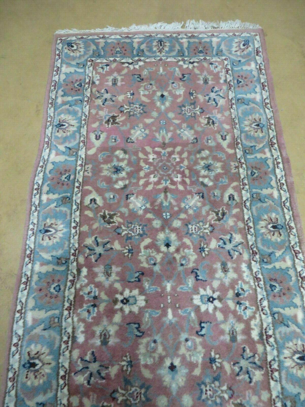 Indian Floral Wool Runner Rug Vintage Handcrafted 2 Ft 8 Inches By 12 Ft