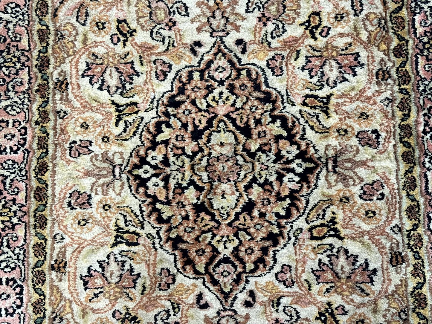 Silk Indian Kashmiri Runner Rug 2.7 X 9.8 Hand Knotted Floral Medallions