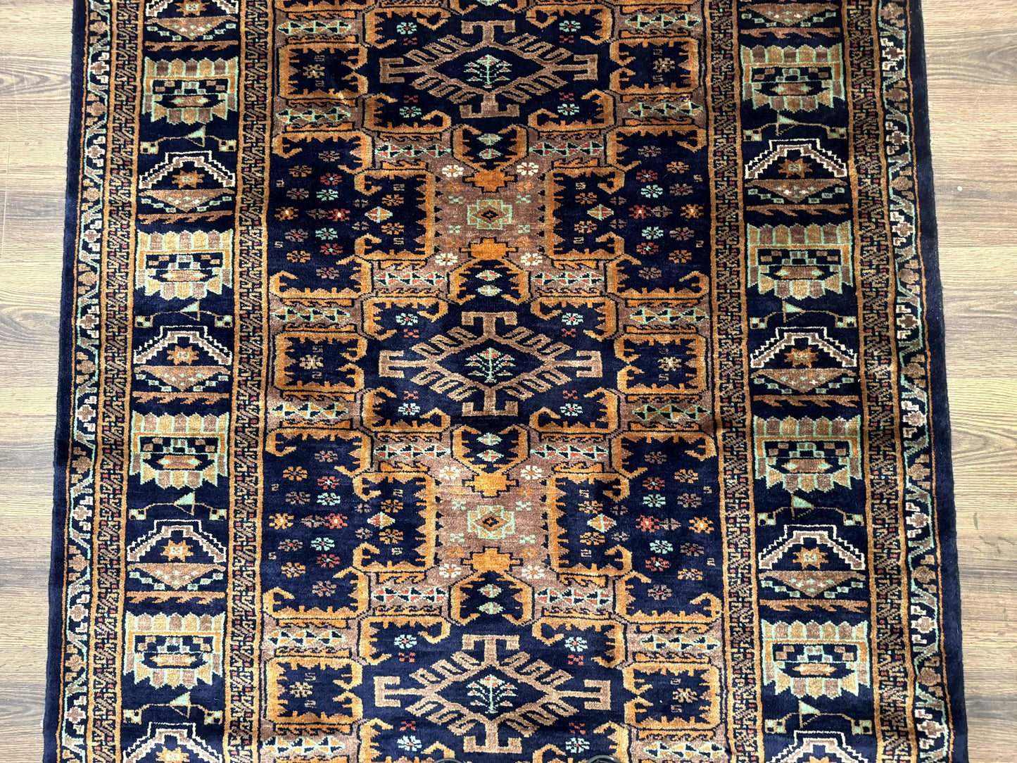 Vintage Afghan Rug 4x6 Hand Knotted Wool Geometric Medallions Navy Blue and Light Brown Tribal Style