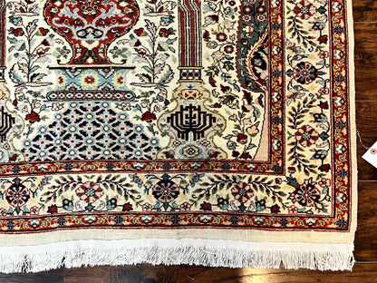 Persian Prayer Rug 4x6 Tree of Life Hand Knotted Wool Beige Vintage