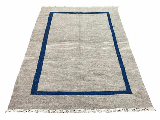 Turkish Kilim Rug Geometric Wool Handcrafted 5 Feet 7 Inches By 7 Feet 9 Inches Gray Blue