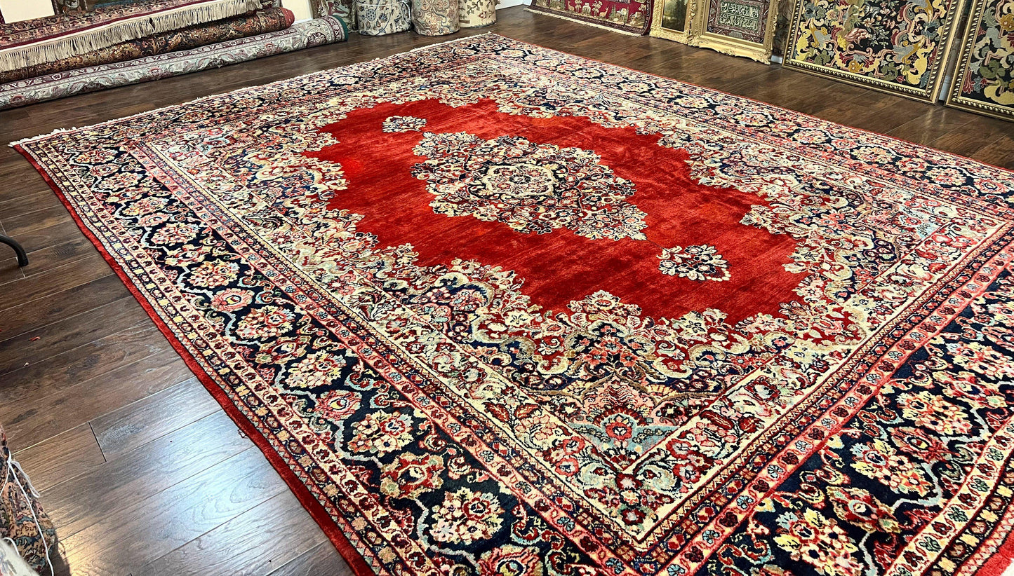Persian Sarouk Rug 11x14 Handmade Wool Floral Red And Blue Semi Antique