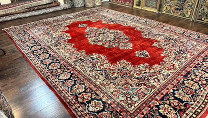 Persian Sarouk Rug 11x14 Handmade Wool Floral Red And Blue Semi Antique
