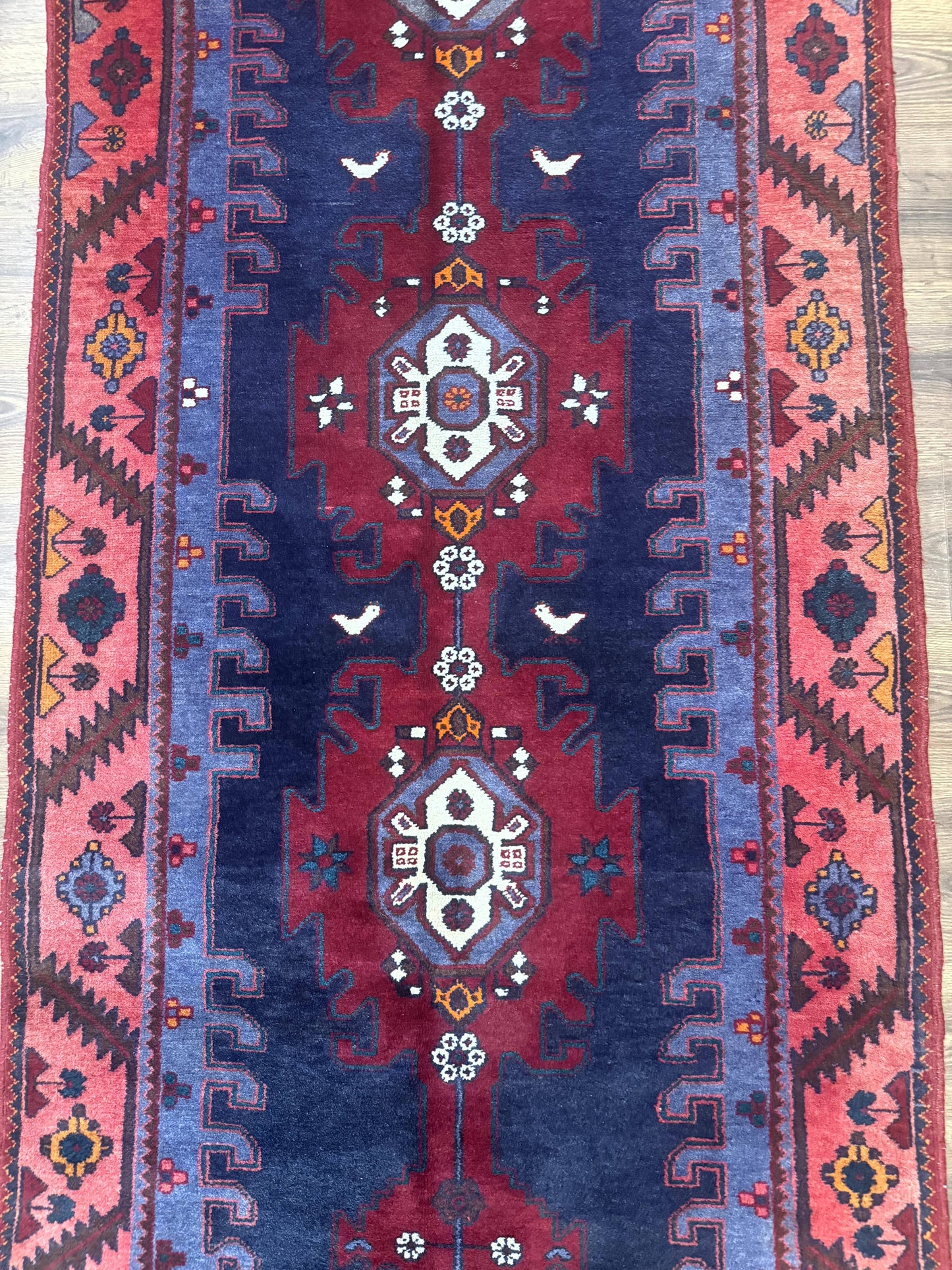 Persian Karajeh Runner Rug Navy Blue Geometric Medallions Handmade 3.6 x 9.5 Feet