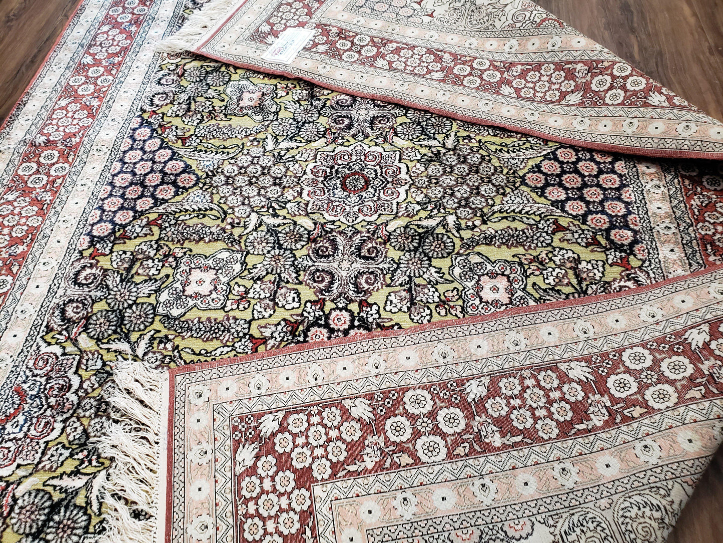 Kashmiri Silk Rug 5x8 Indian Handmade With Gold Threads Luxury Vintage Style