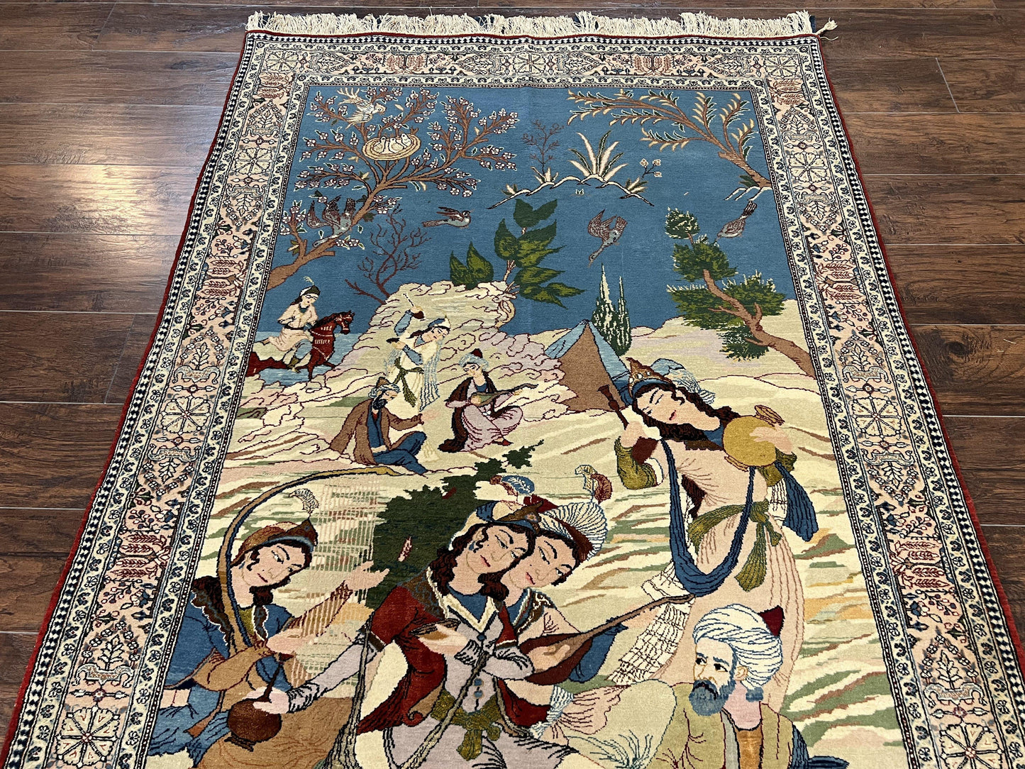 Persian Qum Pictorial Rug Vintage 5x7 Hand Knotted Wool and Silk