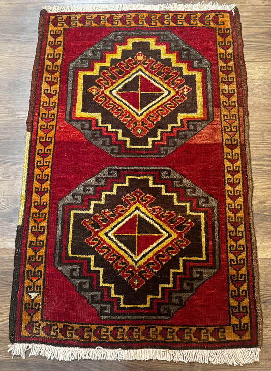 Turkish Yastik Rug 2x3 Antique Red Wool With Double Medallions Geometric Design