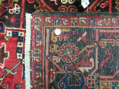 Persian Heriz Rug Hand Knotted Wool Red Ivory Dark Blue 8 Foot 6 Inch By 11 Foot Geometric Medallion Semi Antique