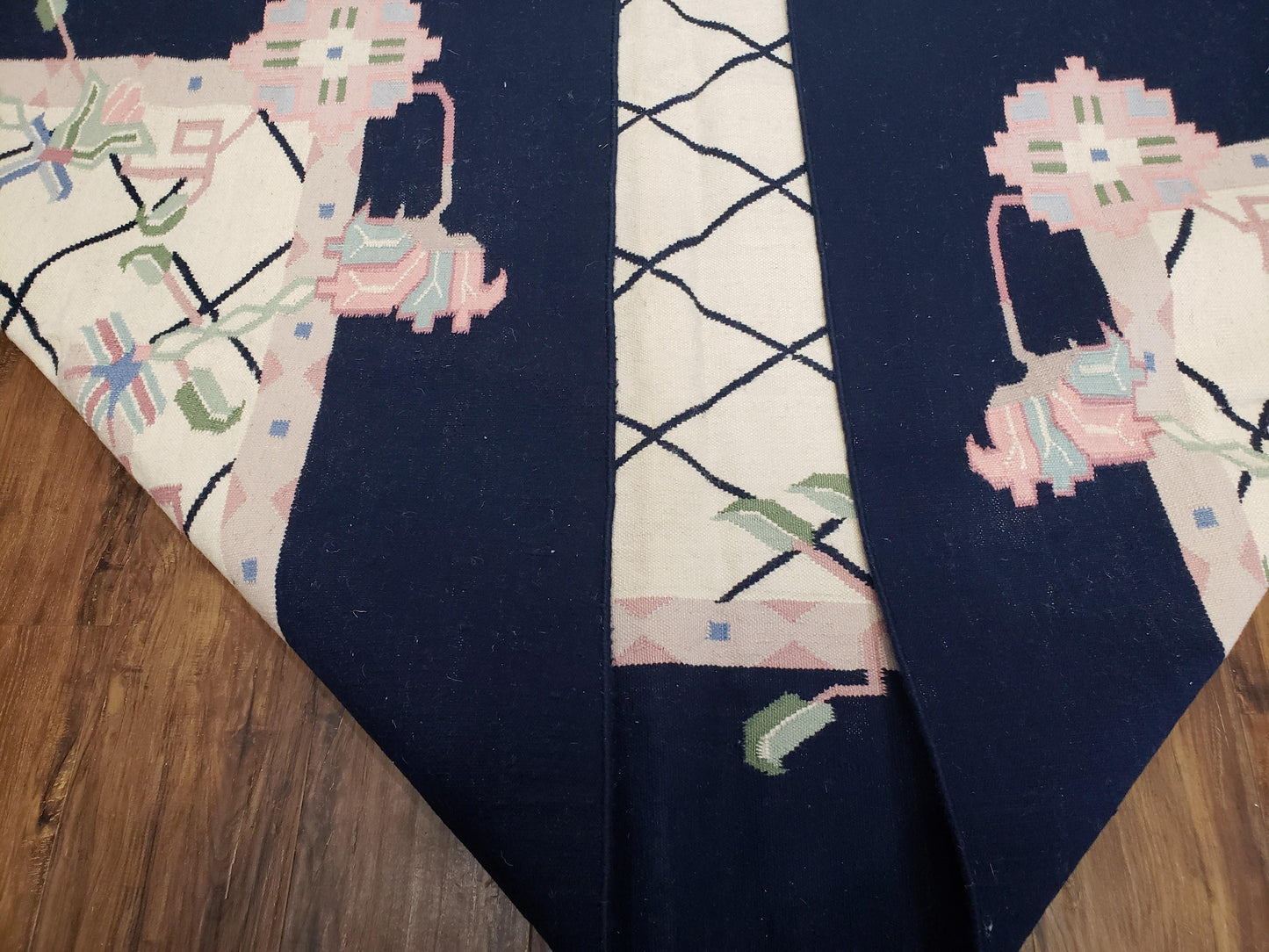 Vintage Wool Dhurrie Rug Handwoven Indian Kilim Flatweave Black White