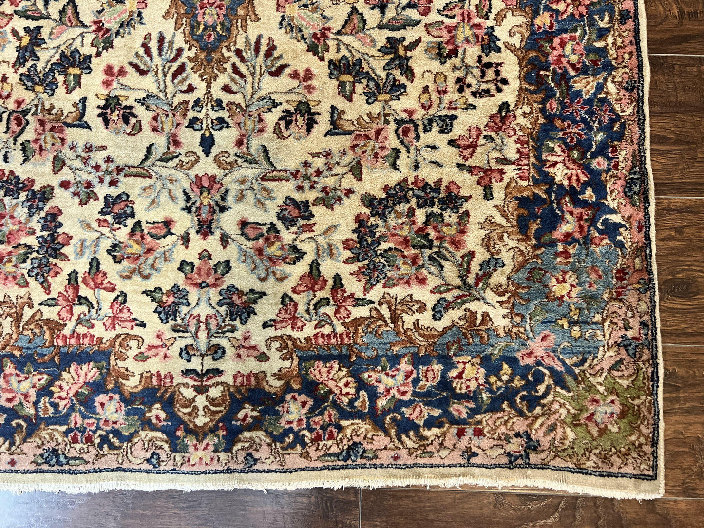 Antique Persian Kirman Rug 4x7 Hand Knotted Wool Floral Carpet Cream And Navy