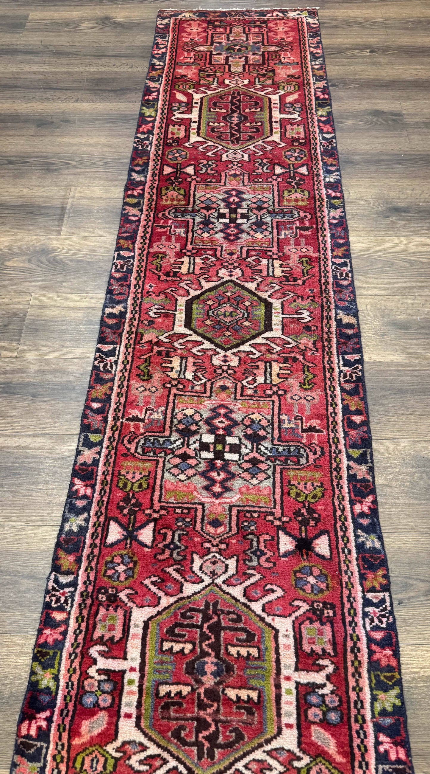 Persian Heriz Karajeh Runner Rug 2x9 With Bold Geometric Medallions In Red Navy