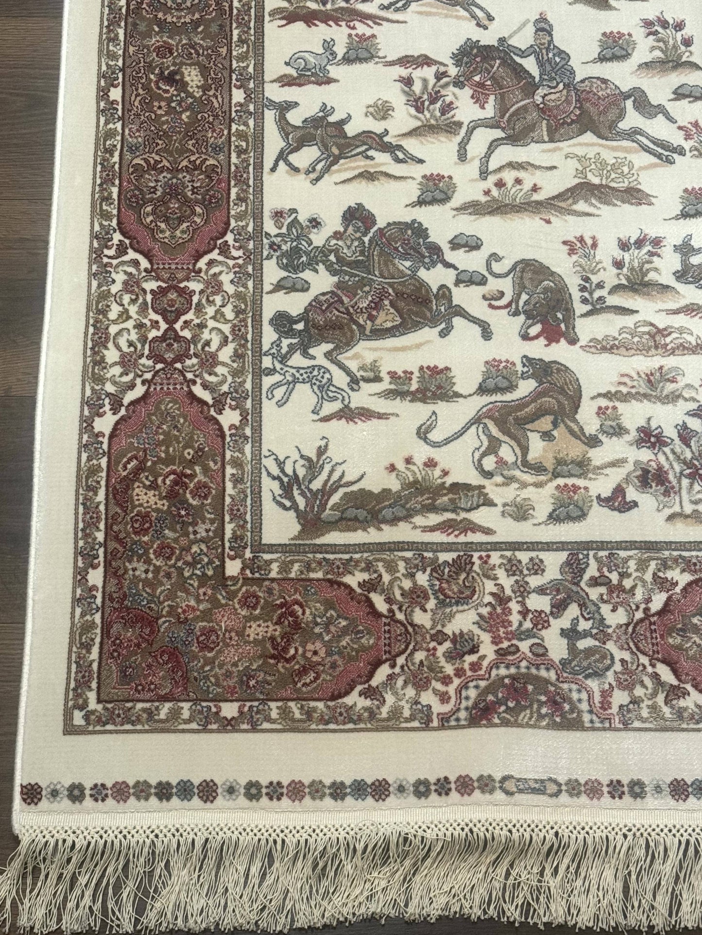 Turkish Silk Runner Rug 2.6 x 8 Ivory Bamboo Silk Hunting Design