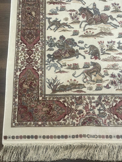 Turkish Silk Runner Rug 2.6 x 8 Ivory Bamboo Silk Hunting Design