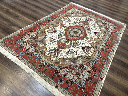 Persian Tabriz Rug 5x7 Ivory and Coral Medallion Fine 440 KPSI