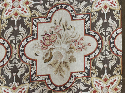 Needlepoint Runner Rug 9.8 Ft Handwoven Wool Floral Brown Beige European Design