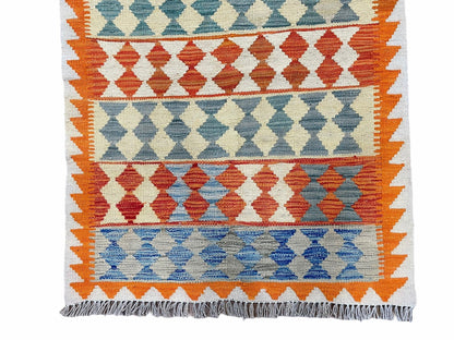 Chobi Kilim Rug 3x4 Colorful Diamond Pattern Turkish Wool Flatweave Handmade