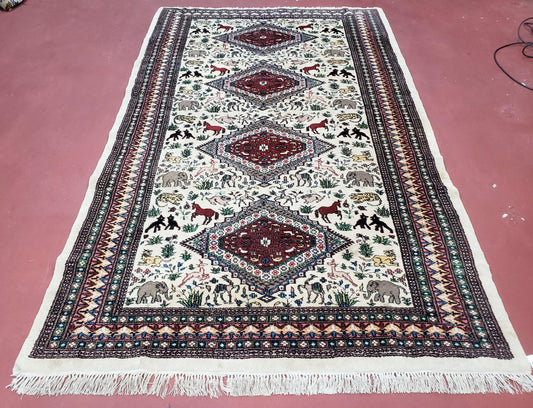 Indo Persian Vintage Wool Hand-Knotted Area Rug Ivory 4.7 By 7.6 Elephants Lions Horses