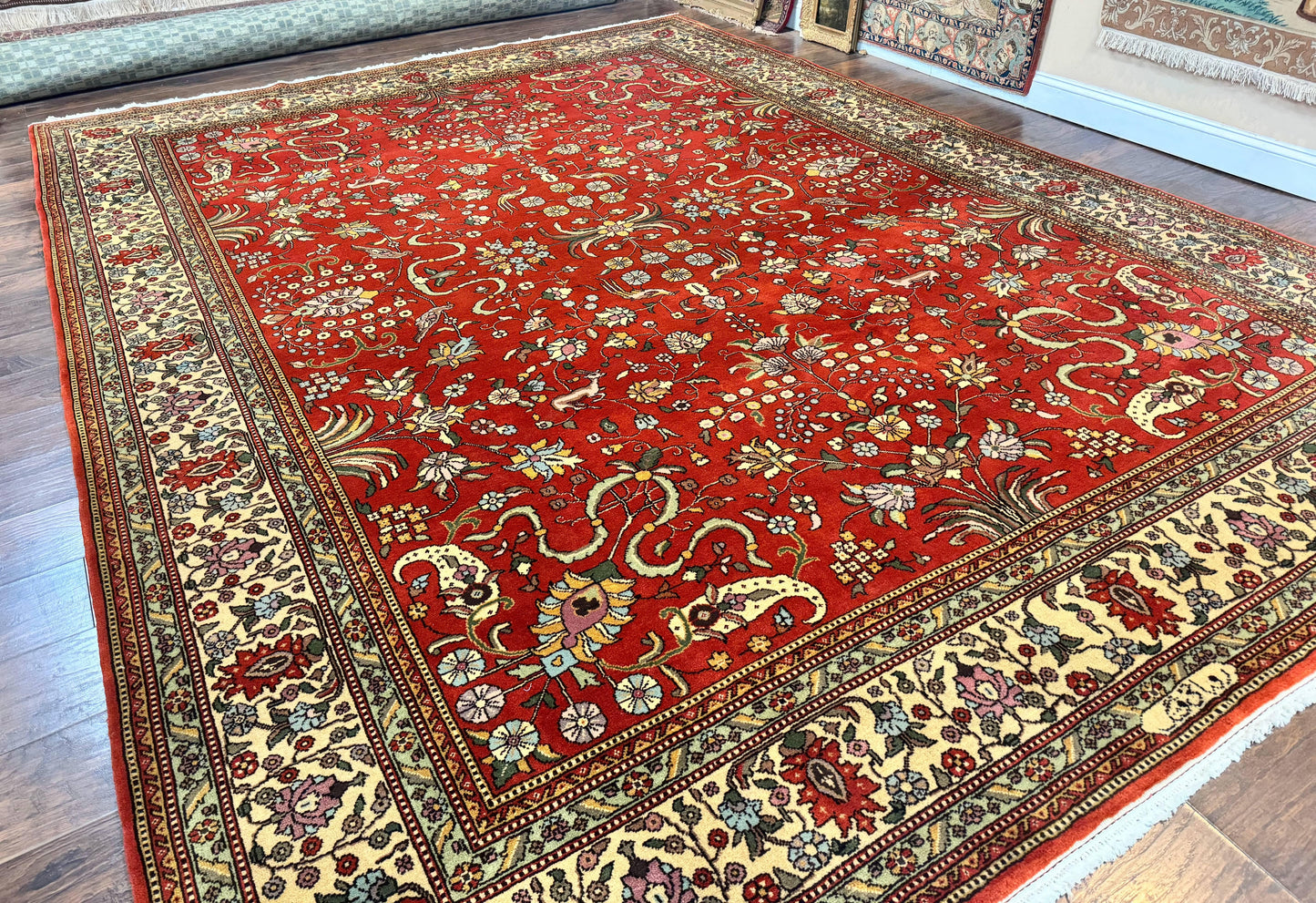 Romanian Rug Vintage Hand Knotted Wool Carpet 10x13 Floral Birds Red Cream Signed Masterweaver