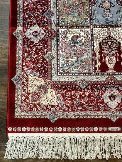 Turkish Silk Runner Rug 2.6 x 11.6 Ft Panel Design Dark Red Ivory Bamboo Silk