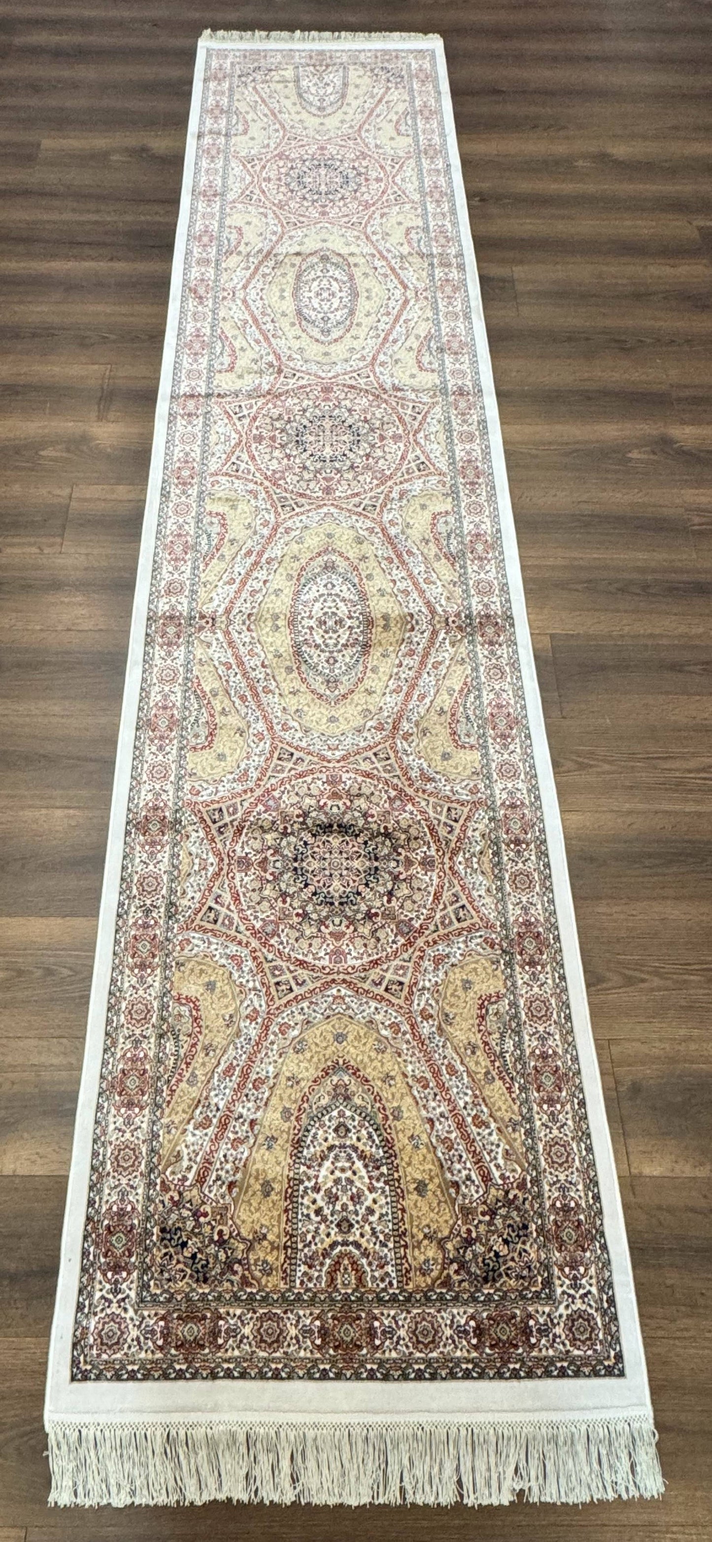 Turkish Silk Runner Rug 2.6 By 12 Hereke Mamluk Bamboo Silk Contemporary Power Loomed New
