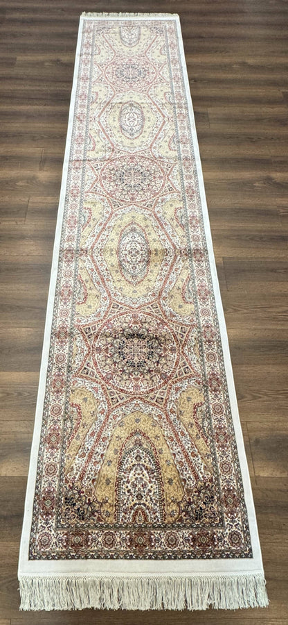 Turkish Silk Runner Rug 2.6 By 12 Hereke Mamluk Bamboo Silk Contemporary Power Loomed New