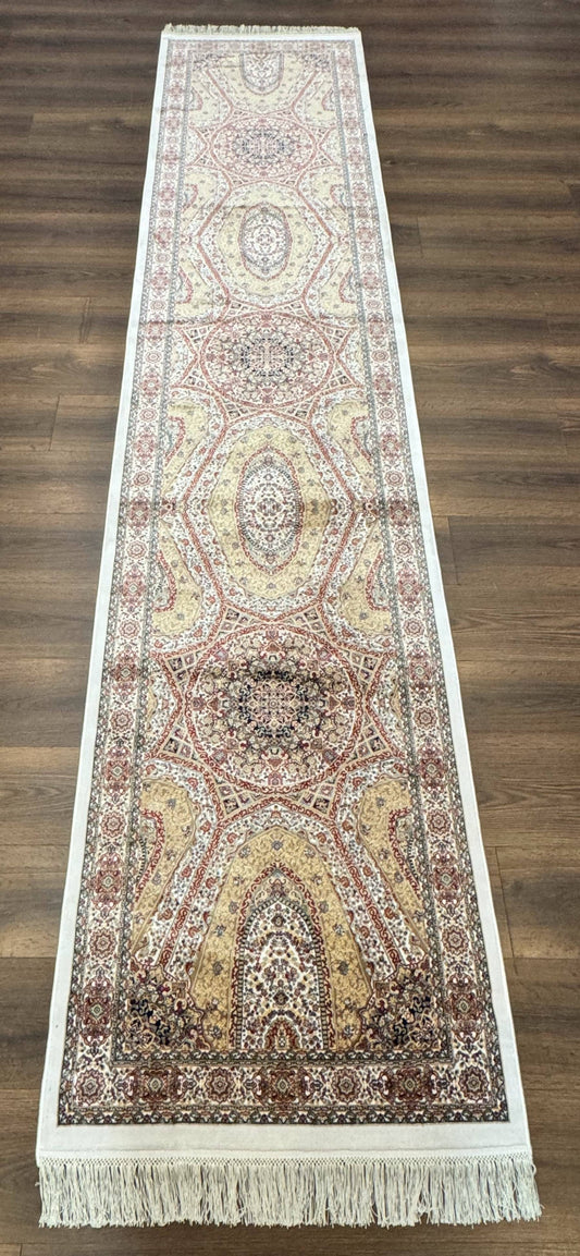 Turkish Silk Runner Rug 2.6 By 12 Hereke Mamluk Bamboo Silk Contemporary Power Loomed New