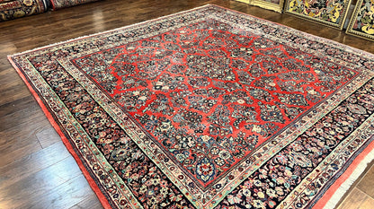 Persian Sarouk Rug Square 11x11 ft Hand Knotted Wool Floral Red Carpet Handmade Antique Rug