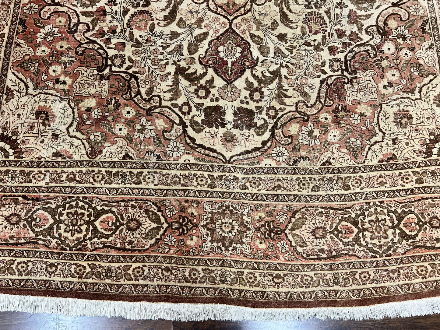 Antique Persian Tabriz Rug 10x12 Hand Knotted Wool Carpet Floral Medallion Beige and Light Red
