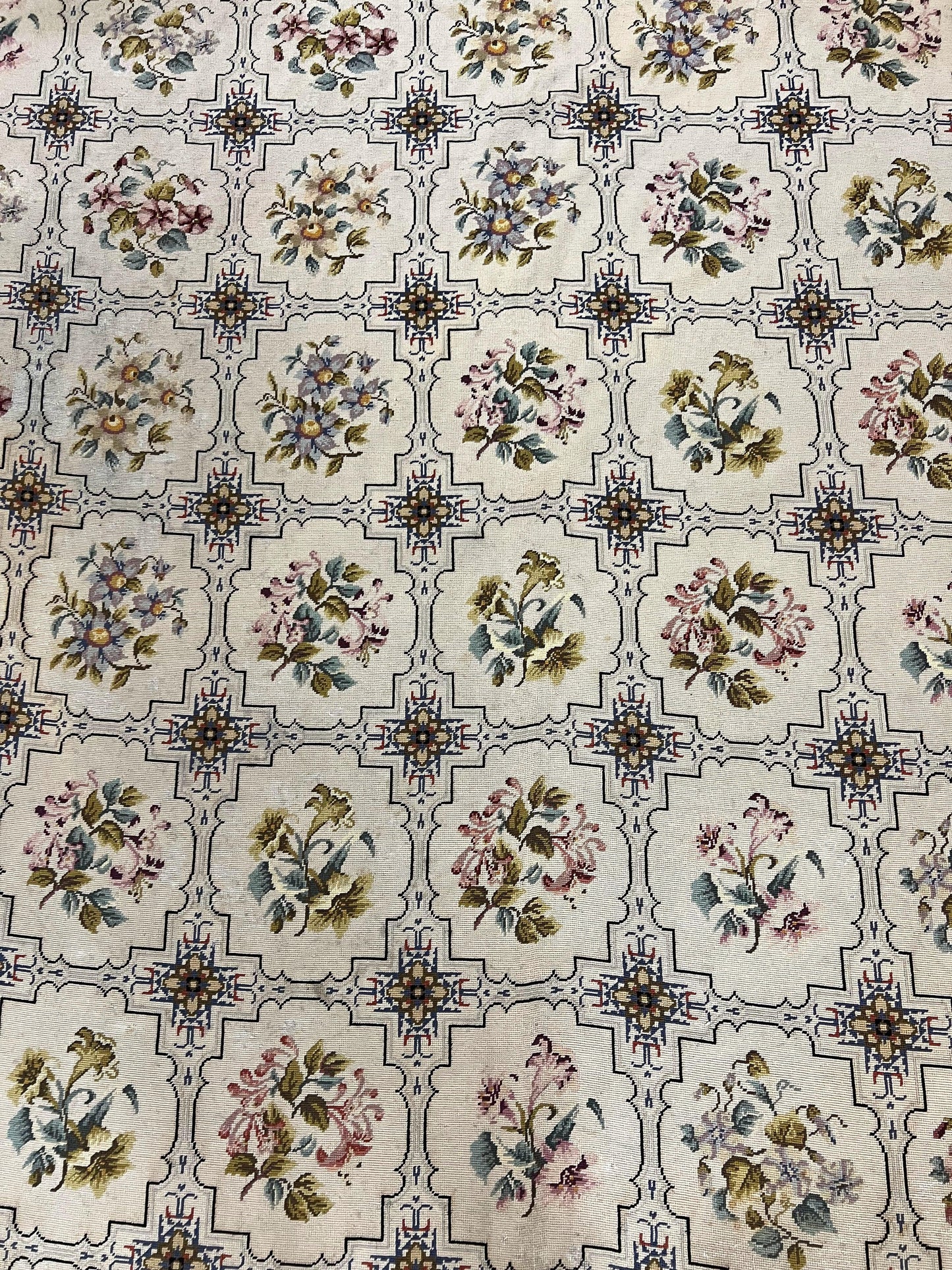 Needlepoint Rug 10x14 Wool Handmade Vintage Floral Panel Ivory Cream