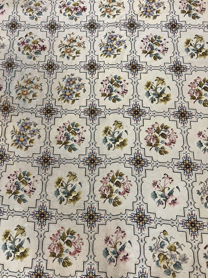 Needlepoint Rug 10x14 Wool Handmade Vintage Floral Panel Ivory Cream