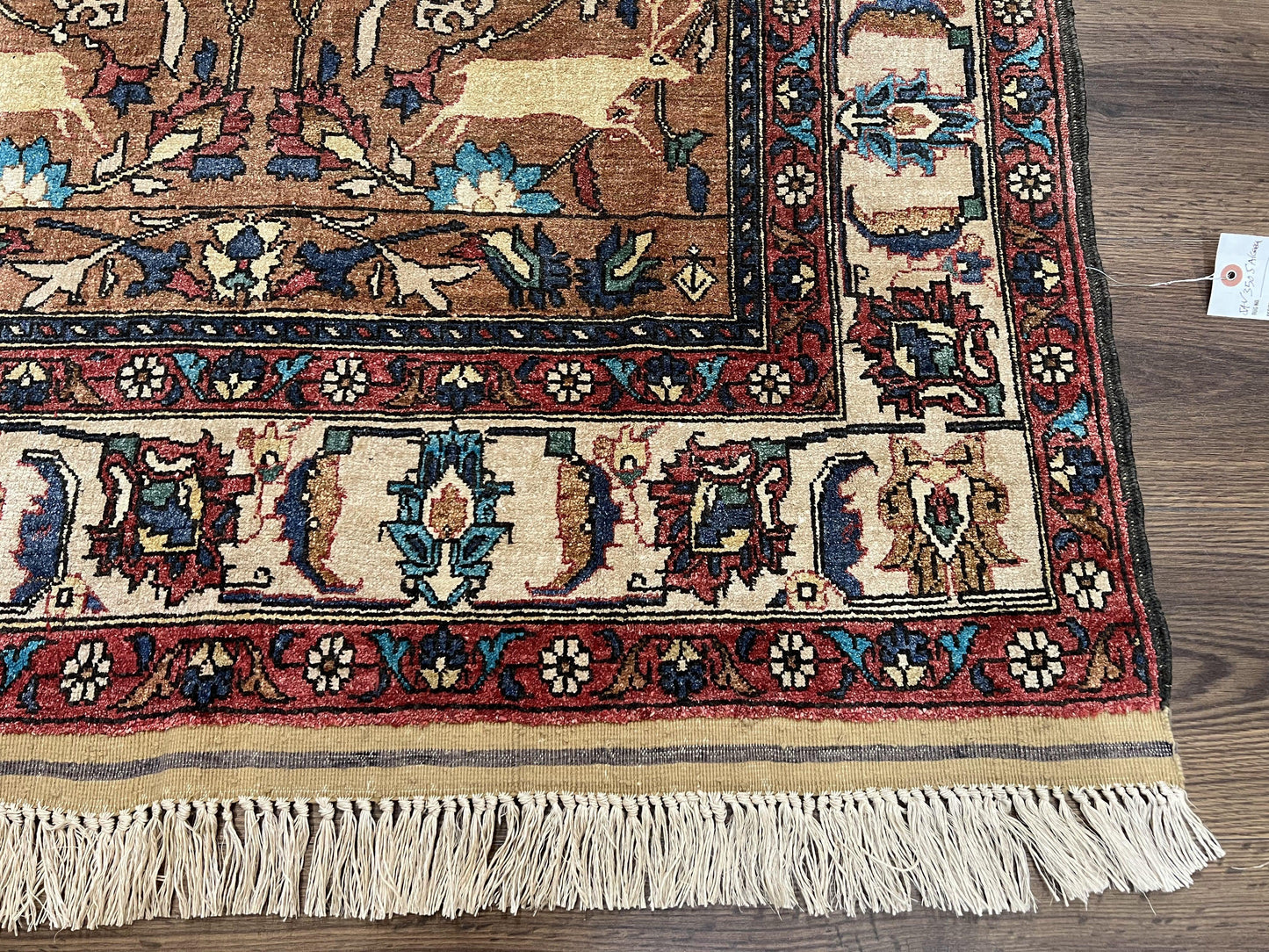 Afghan Silk Rug 4x6 Hunting Pattern With Animal Motifs Light Brown Cream