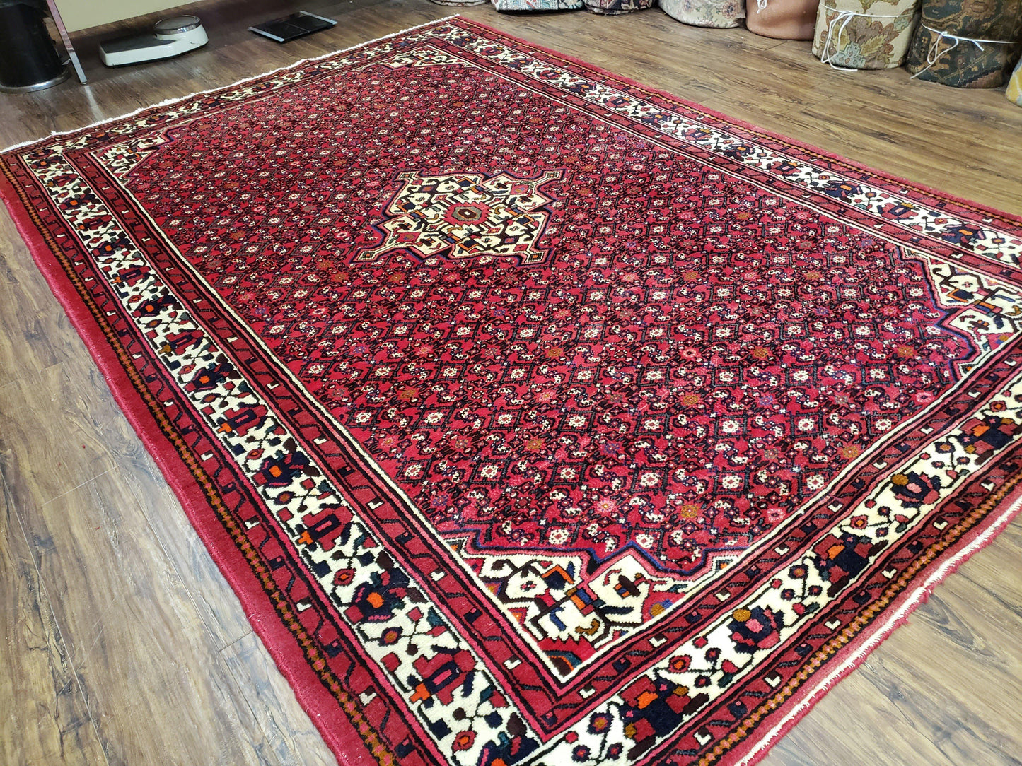 Vintage Persian Hamedan Rug 7x10 Hand Knotted Wool Mahi Pattern Red