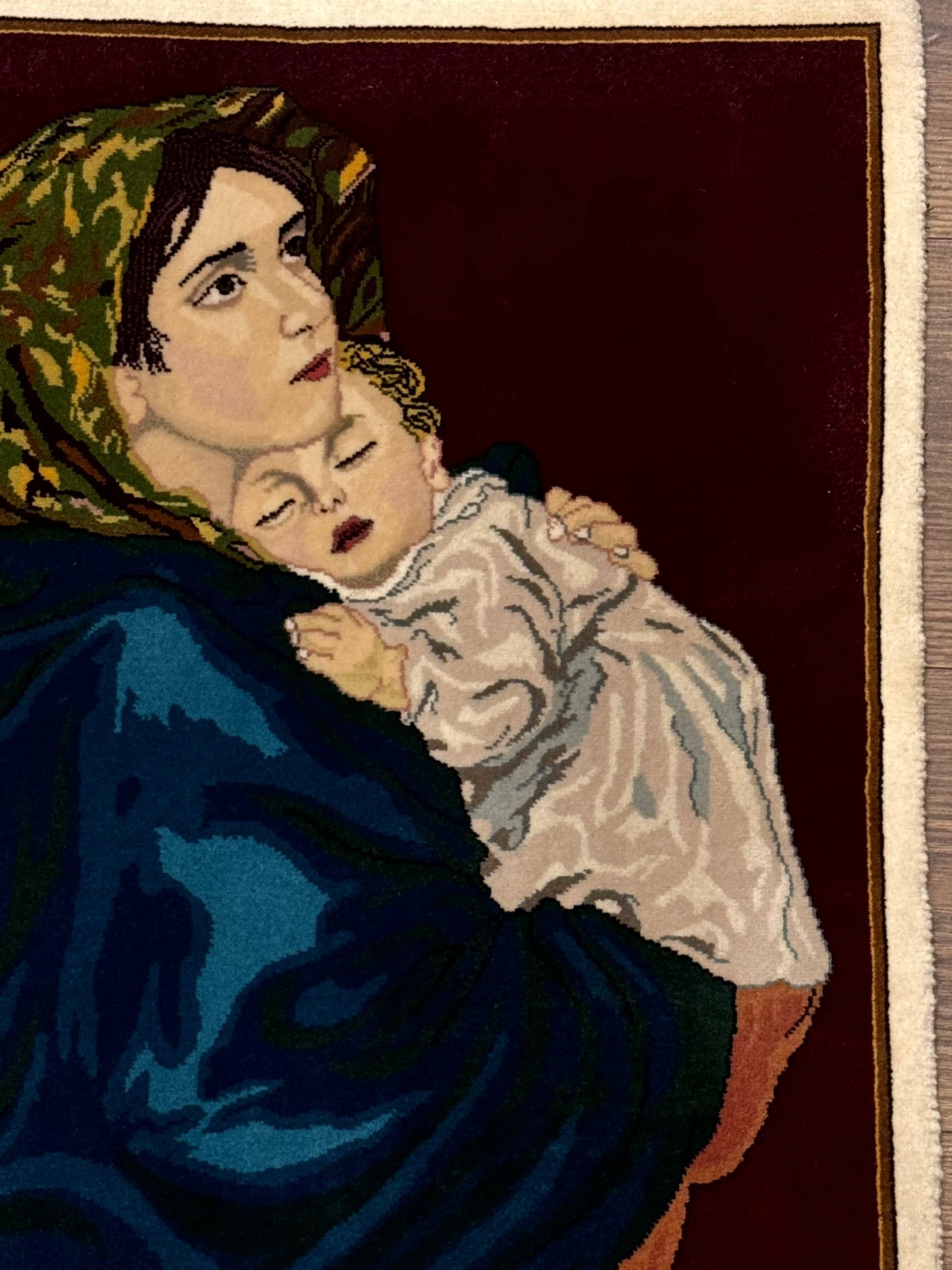 Persian Tabriz Pictorial Rug 2x2 Mother Holding Child Very Fine 340 KPSI Maroon