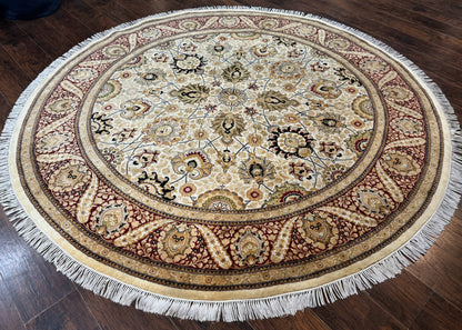 Round Persian Wool Rug 8x8 Handmade Vintage Carpet Beige Dark Red KPSI 270