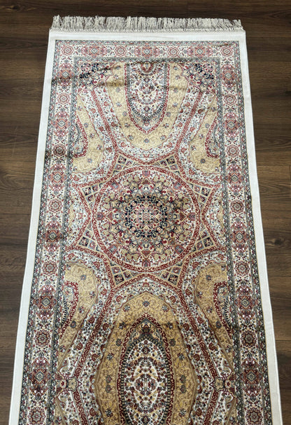 Turkish Silk Runner Rug 2.6 By 12 Hereke Mamluk Bamboo Silk Contemporary Power Loomed New