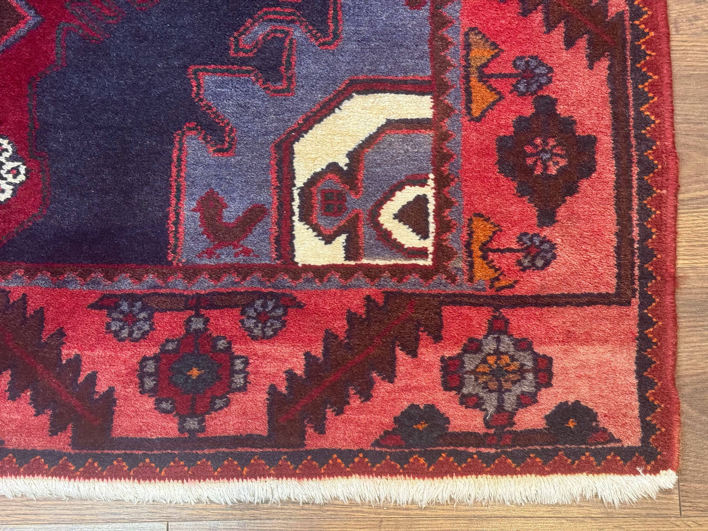 Persian Karajeh Runner Rug Navy Blue Geometric Medallions Handmade 3.6 x 9.5 Feet
