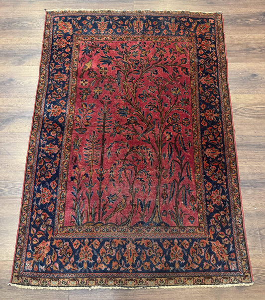 Antique Persian Tree Of Life Rug 3x5 Feet Manchester Wool With Bird Pictorials