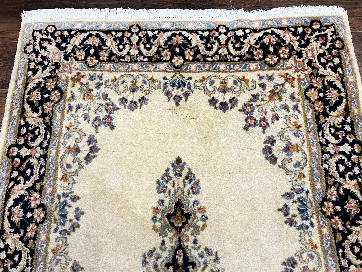 Persian Kirman Rug 4x7 Hand Knotted Wool Antique Carpet Beige Medallion Design