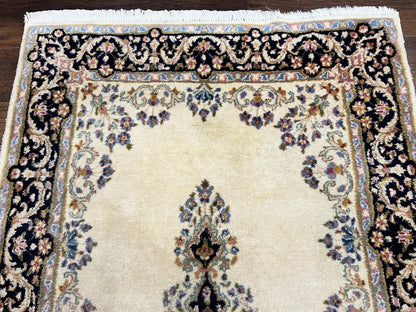 Persian Kirman Rug 4x7 Hand Knotted Wool Antique Carpet Beige Medallion Design