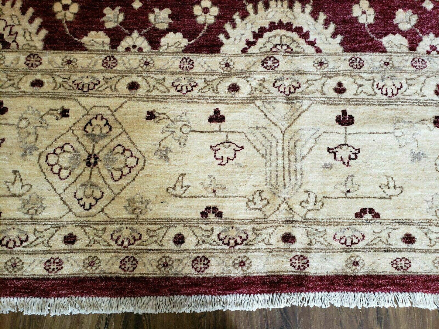 Peshawar Rug Pakistani Handmade Floral Carpet 9ft10in X 14ft1in Maroon Beige