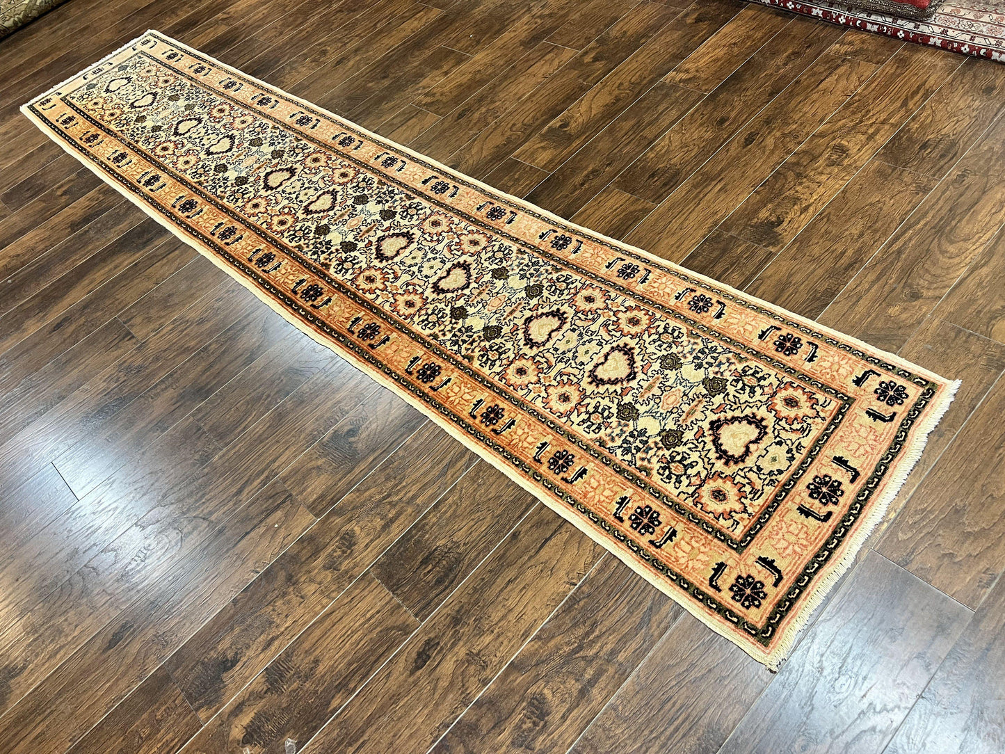 Romanian Wool Runner Rug Hand Knotted 2.6x12.9 Ft Floral Allover Vintage Tan Hallway