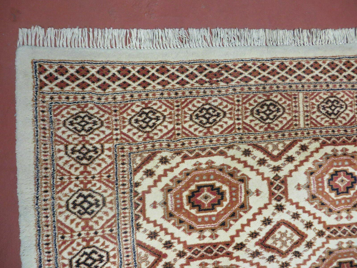 Vintage Turkoman Bokhara Wool Rug 4x7 Handmade Pakistani Ivory