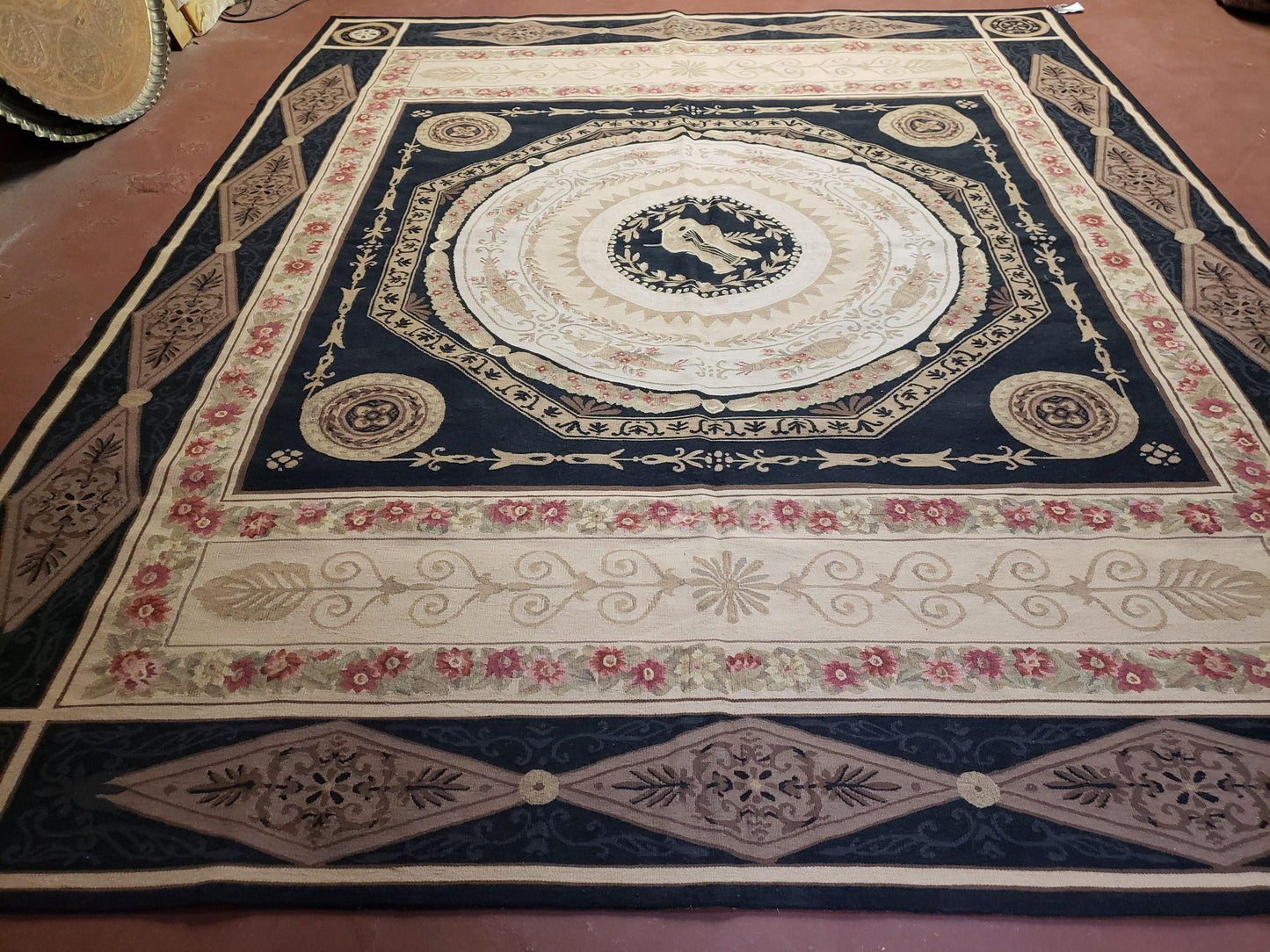 Wool Needlepoint Rug 8x10 Hand Knotted Flat Weave Black Harp Flowers