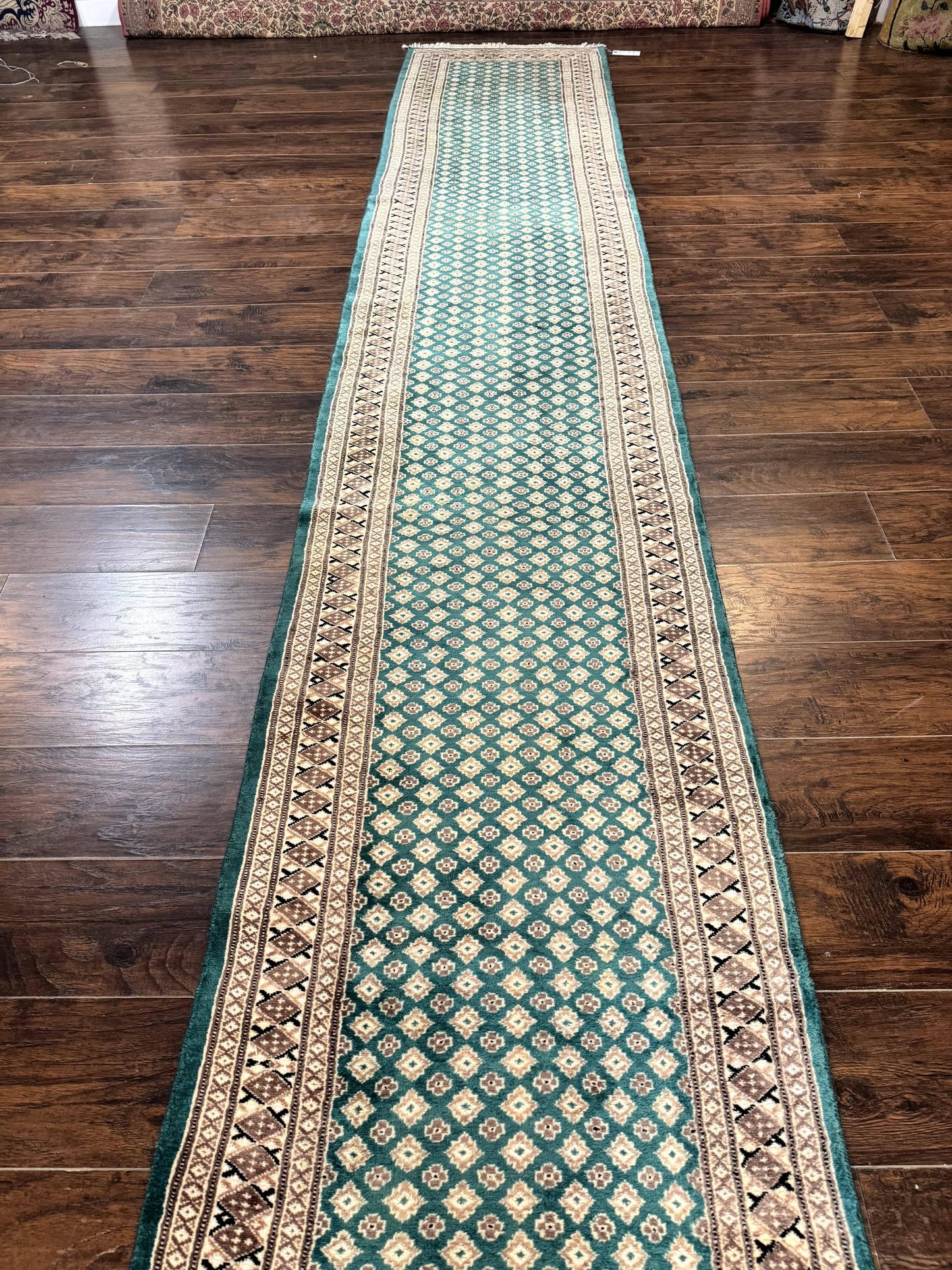 Pakistani Runner Rug 2.8 X 20 Hand Knotted Vintage Wool Turkoman Teal Tan