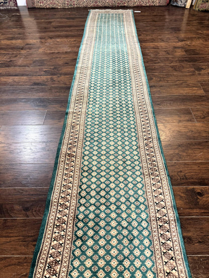 Pakistani Runner Rug 2.8 X 20 Hand Knotted Vintage Wool Turkoman Teal Tan