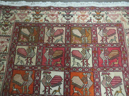 Vintage Russian Kilim Rug Handmade Flat Weave Soumak Silk Wool 4x6 Roosters Birds