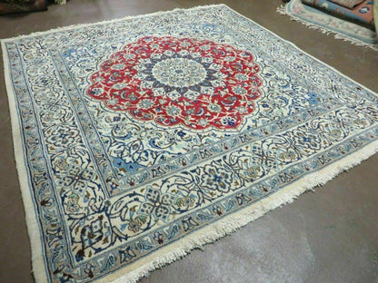 Square Persian Nain Rug 6ft 3in By 6ft 8in Hand Knotted Wool Silk Accents Ivory Red Blue
