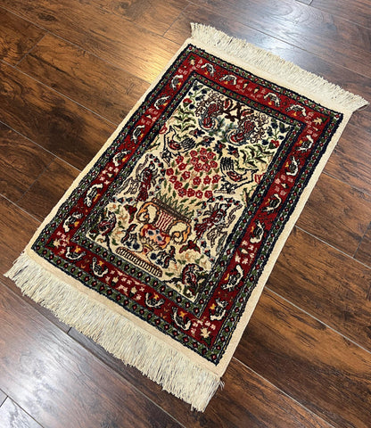Indo Persian Rug Hand Knotted Wool Silk 2x3 Ft Cream Maroon Birds Vase Flowers