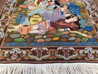 Semi Antique Persian Isfahan Pictorial Rug Handmade Wool Carpet 4x6 Decorative