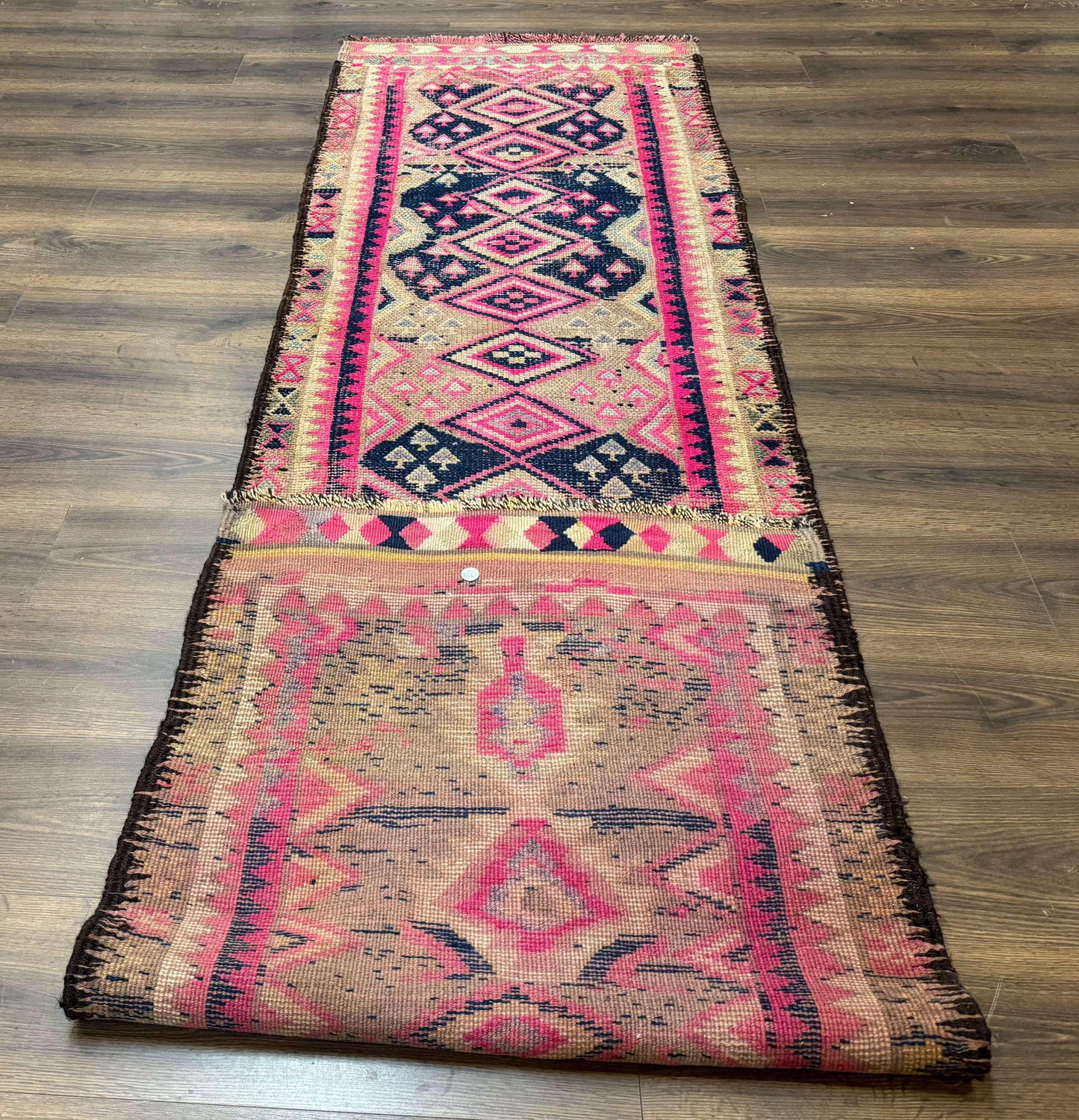 Turkish Runner Rug 3x10 Pink And Navy Blue Bohemian Hallway Kitchen Vintage Geometric Tribal